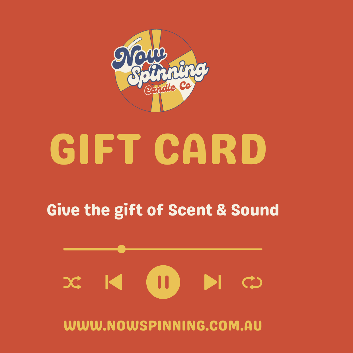 Gift card with Now Spinning Scent Co logo and text on an orange background