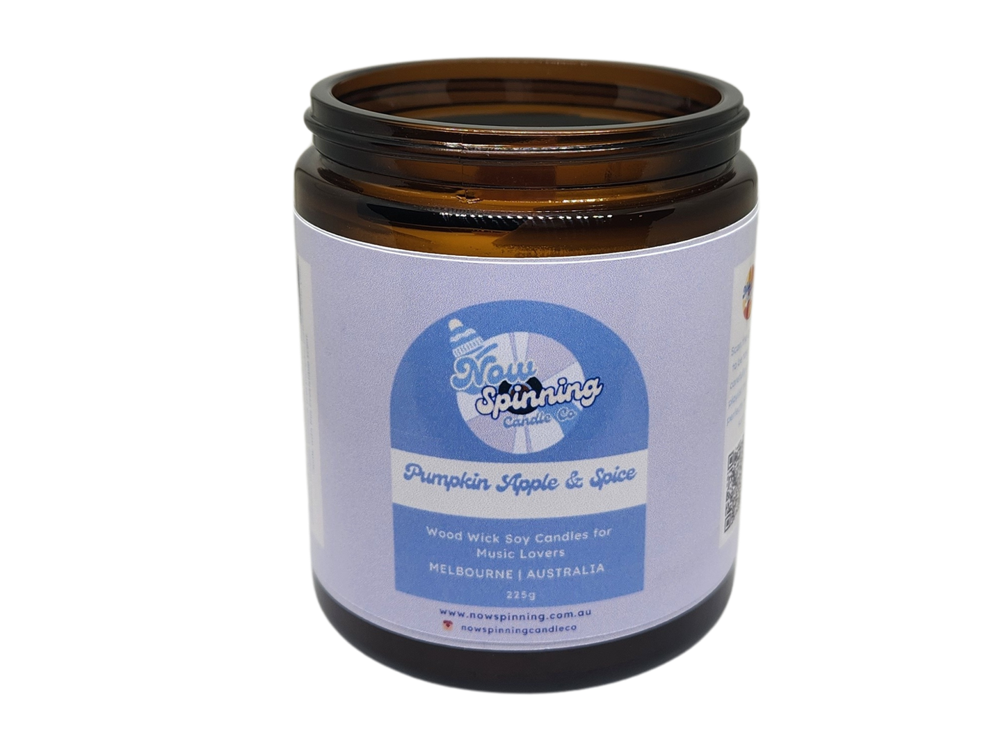 Pumpkin Apple & Spice Candle jar with a label on a white background