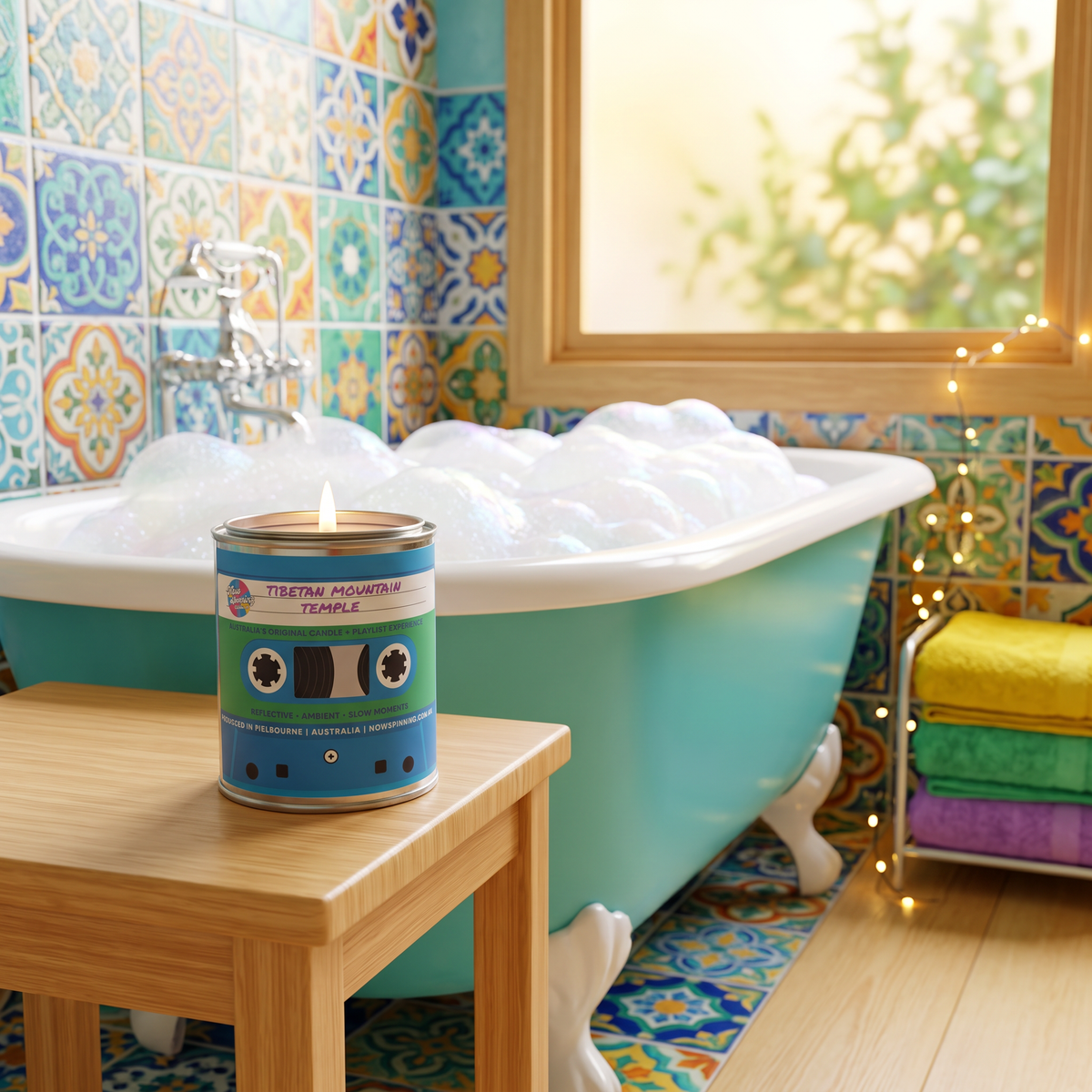 A teal and blue cassette-tape-shaped bath bomb candle labeled 'TIBETAN MOUNTAIN TEMPLE' sits on a wooden stool next to a clawfoot bathtub filled with bubbles in a colorful tiled bathroom.