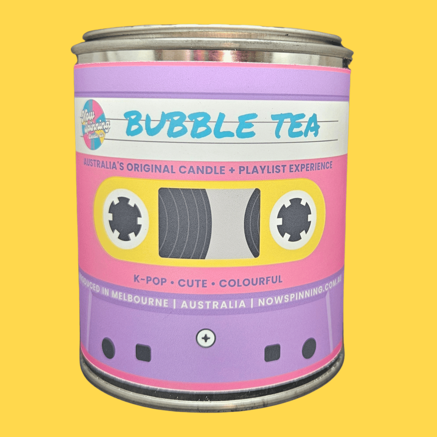 Now Spinning Bubble Tea candle featuring fruity grapefruit and creamy milk tea scent