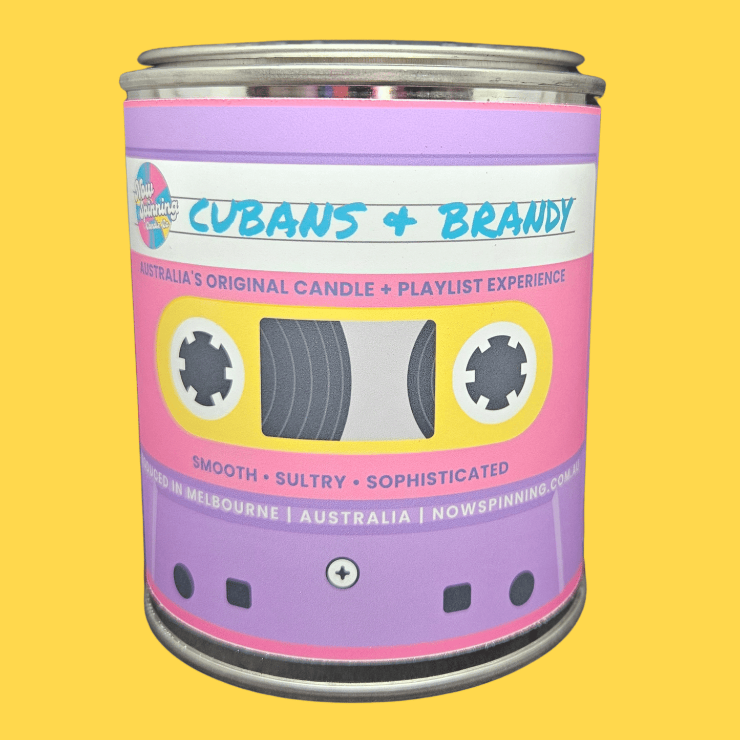 Cuban & Brandy scented candle in metal tin featuring vintage cassette design