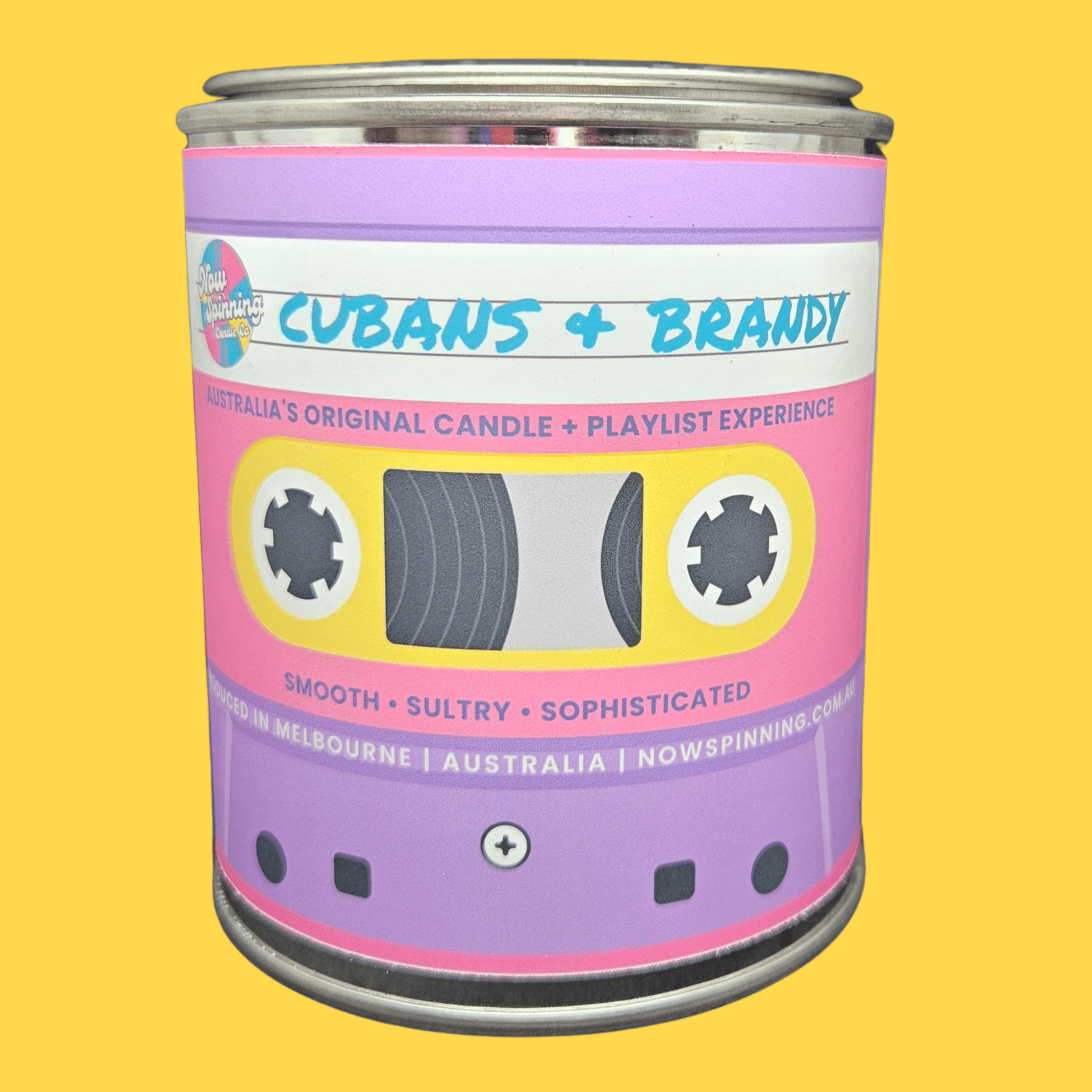 Cuban & Brandy scented candle in metal tin featuring vintage cassette design