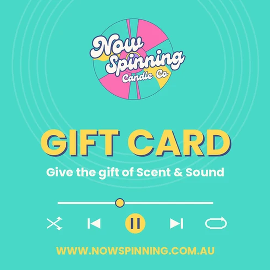 A digital graphic representing a gift card for Now Spinning Candle Co., featuring a colorful circular logo at the top, bold yellow text reading 'GIFT CARD', and white and yellow website text at the bottom on a bright turquoise background with subtle concentric circle lines.