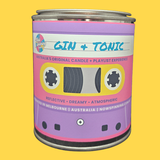 Now Spinning Gin & Tonic scented candle featuring lime, cucumber and juniper berry notes