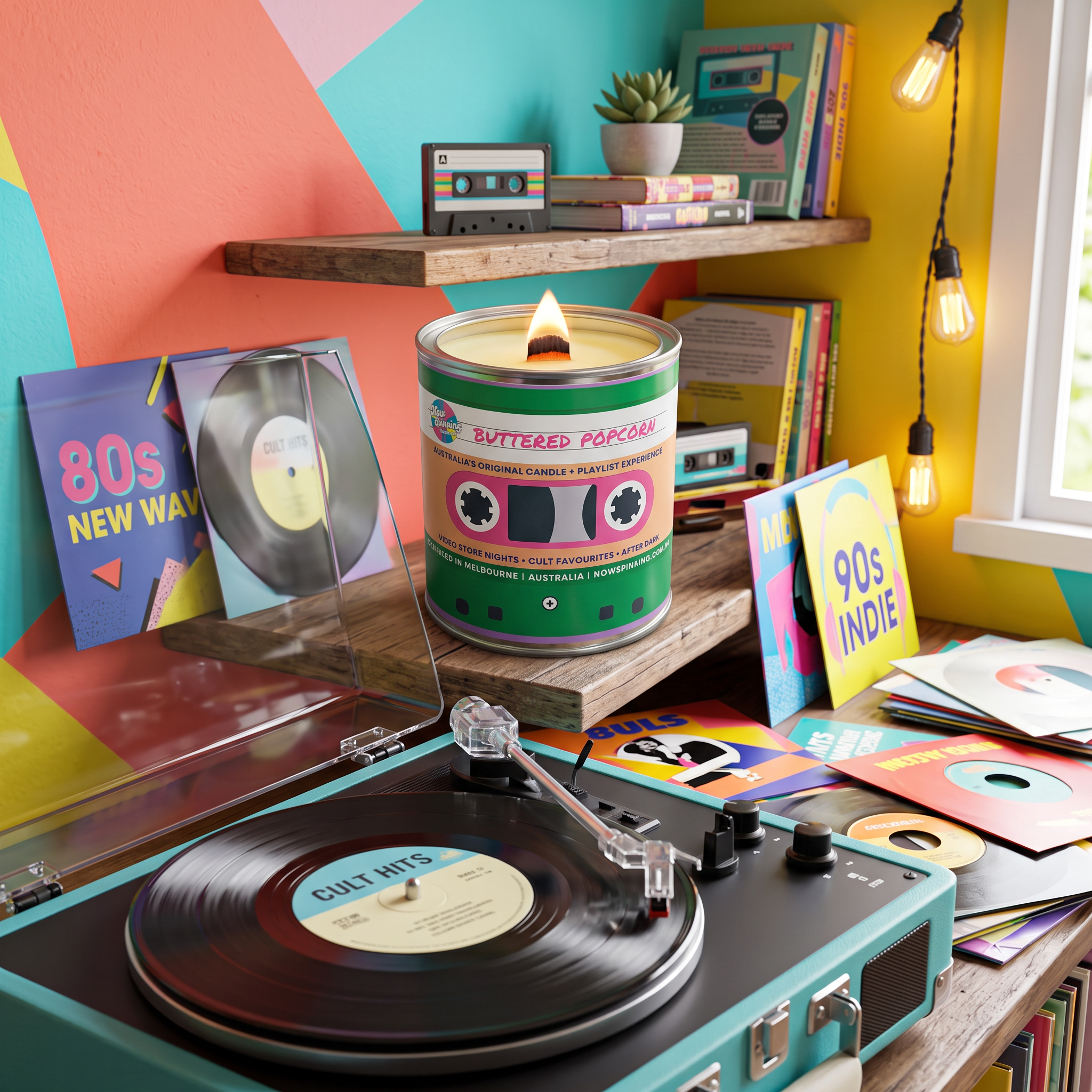 A 90s-themed candle shaped like a cassette tape sits on a wooden shelf next to a turquoise record player with a vinyl record. The scene is decorated with colorful geometric walls, vintage cassette tapes, books, and warm hanging bulbs.