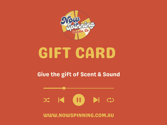 Gift card with Now Spinning Scent Co logo and text on an orange background