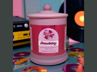 Pink strawberry-flavored jar with a label on a colorful background