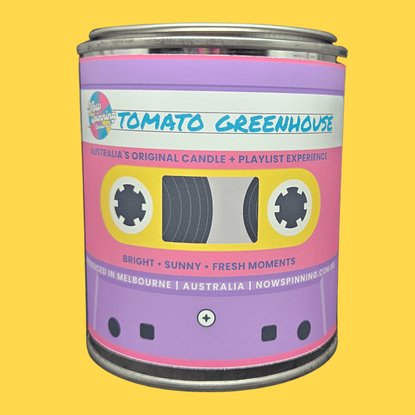 Tomato Greenhouse soy candle in retro cassette tin with cucumber and tomato leaf scent